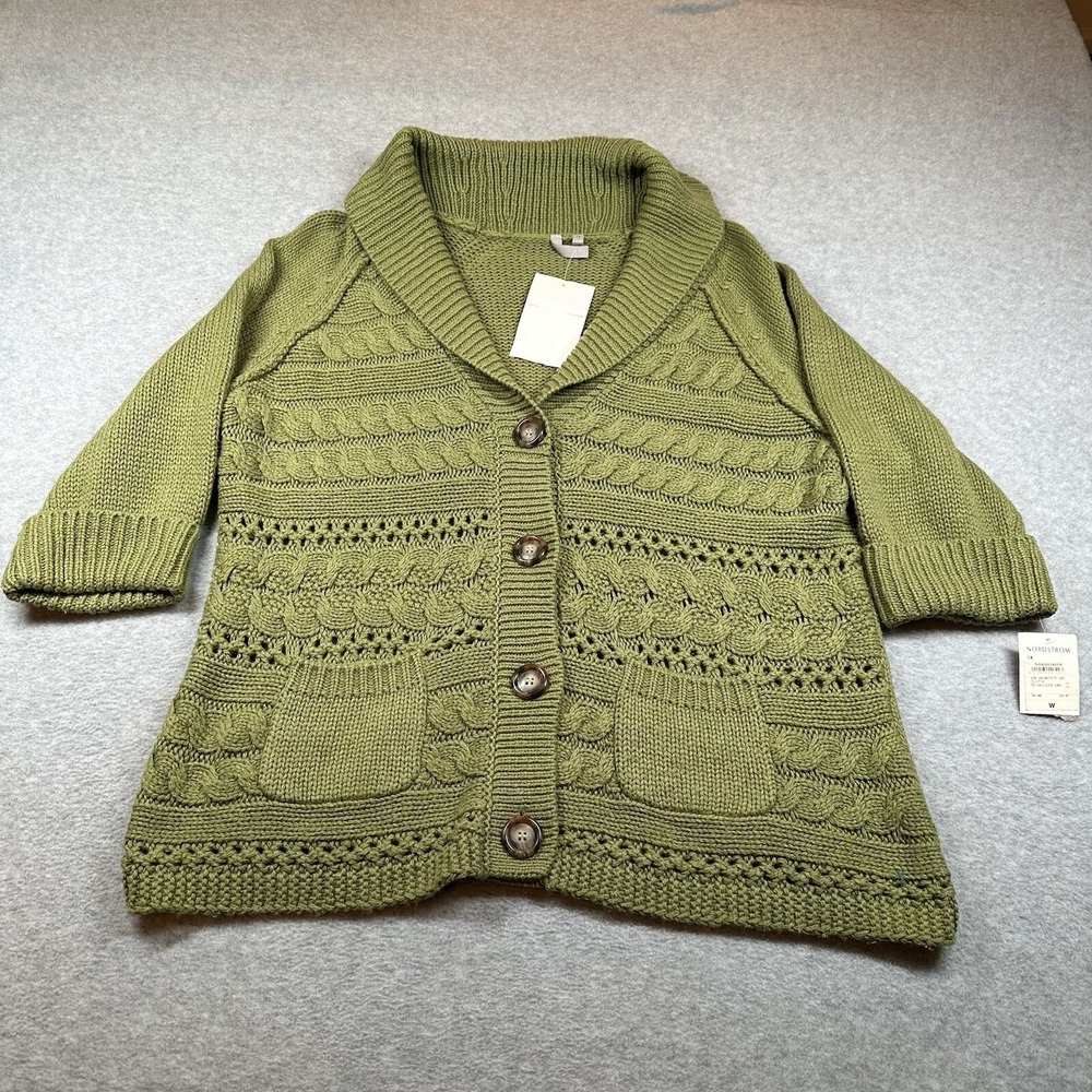 Caslon Plus Size 1X Olive Cable-Knit‎ Shawl-Collar Cardigan NWT